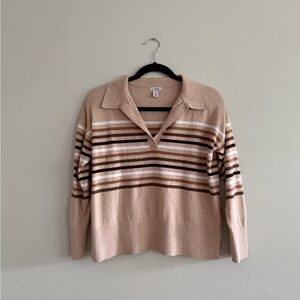 L.L. Bean Beige and Brown Striped V-Neck Sweater